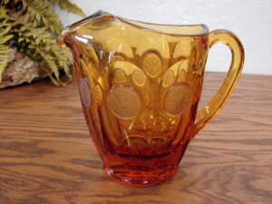 Vintage Thick Amber Glass Fostoria Embossed Coin Pitcher w/ Ice Lip