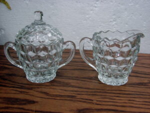 Vintage Cube Fostoria American Clear Cubist Creamer Sugar Bowl w/ Lid Set