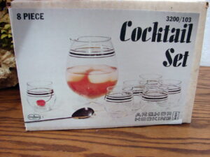 Vintage 8 pc Anchor Hocking Cocktail Set Bulbous Silver Band w/ Stirring Spoon