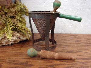 Vintage Old Green Paint Cone Sieve Colander Strainer w/ 2 Matching Pestles Set