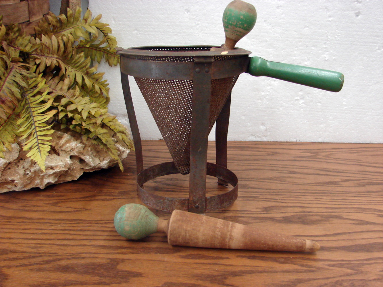 Vintage Old Green Paint Cone Sieve Colander Strainer w/ 2 Matching Pestles Set