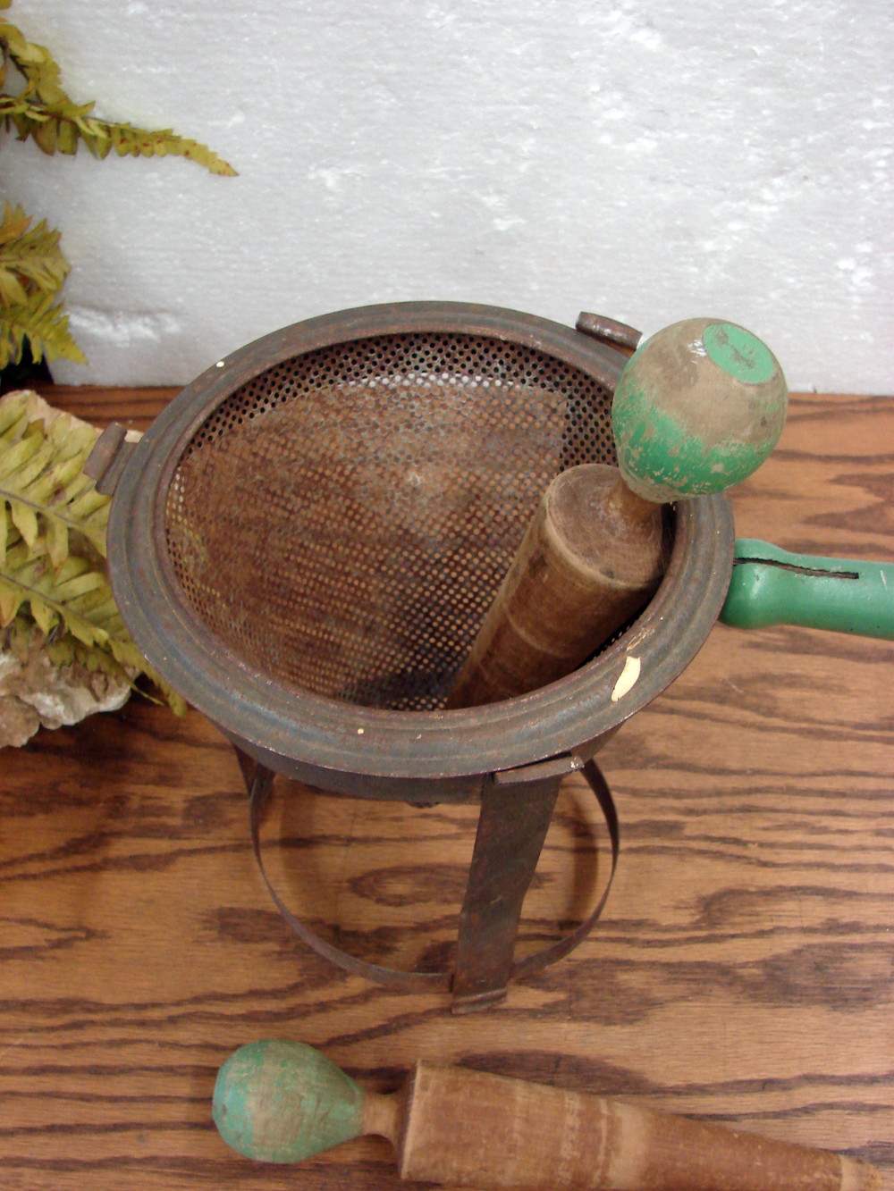 Vintage Old Green Paint Cone Sieve Colander Strainer w/ 2 Matching Pestles Set - Image 2