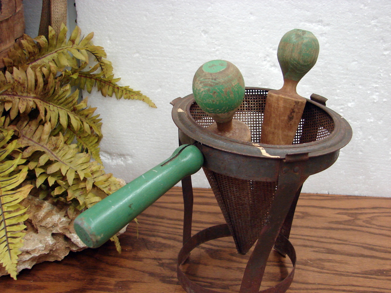 Vintage Old Green Paint Cone Sieve Colander Strainer w/ 2 Matching Pestles Set - Image 3