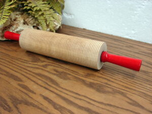 Like New Bethany Housewares Hard Maple Corrugated 10" Rolling Pin Red Wood Handles