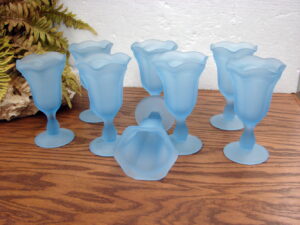 Set/8 Vintage Carlton Glass Co. Blue Frosted Tulip Ice Cream Parlor Sundae Glasses