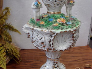 Huge Vintage Porcelain CapodiMonte Lamp Cherubs on Flower Field Italian Gold Accents