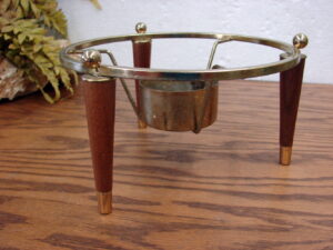 Vintage Round Retro Chafing Dish Warmer MCM Art Deco Wood Legs Brass Stand 8" Casserole Size