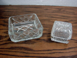 Set/2 Vintage Clear Crystal Glass Trinket Boxes XXX and Small Bow Lid Box