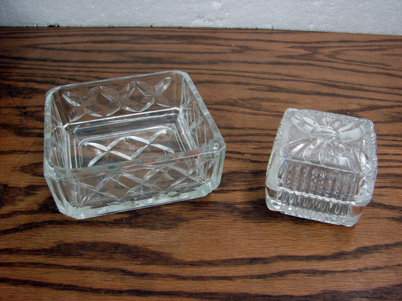 Set/2 Vintage Clear Crystal Glass Trinket Boxes XXX and Small Bow Lid Box