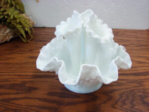 Vintage Fenton White Milk Glass Hobnail 3 Horn Epergne Centerpiece