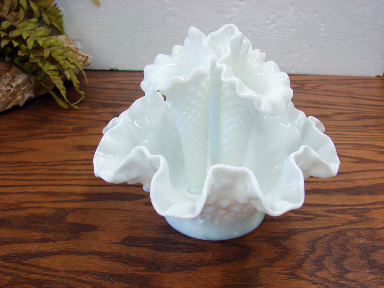 Vintage Fenton White Milk Glass Hobnail 3 Horn Epergne Centerpiece