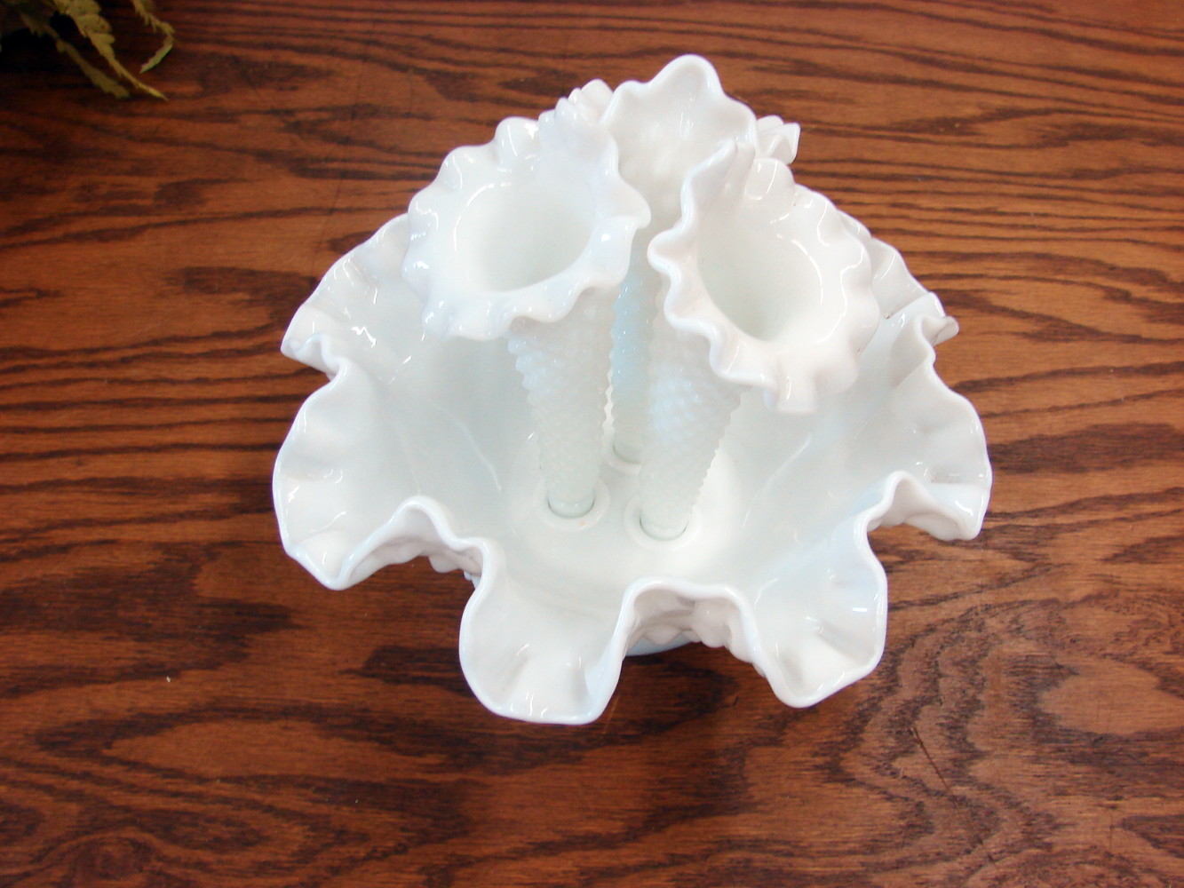Vintage Fenton White Milk Glass Hobnail 3 Horn Epergne Centerpiece - Image 2