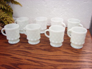 Set/8 Vintage Fire King Anchor Hocking White Milk Glass Kimberly Diamond Mugs