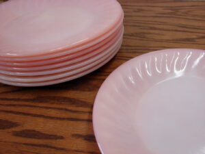 Set/8 Vintage Fire King Ovenware Pink Swirl Edge 9" Luncheon Plates