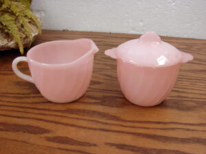 Vintage Fire King Ovenware Pink Swirl Creamer and Sugar Bowl w/ Lid