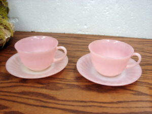 Set/2 Vintage Fire King Ovenware Pink Swirl Cup and Saucer Sets 4 Pieces