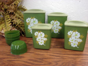 Set/4 Vintage Square 1970's Avocado Green and White Spring Flowers Canister Set Nesting Bonus