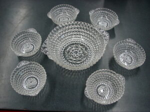 7 pc Vintage Indiana Glass Clear Diamond Point Hobnail Salad Serving Set Tab Handles