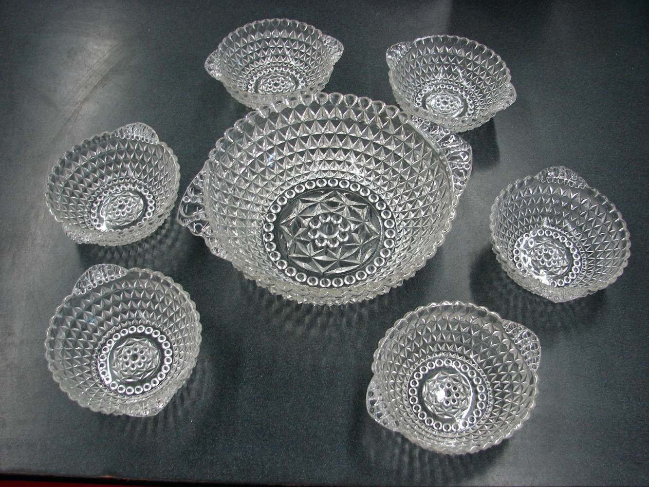 7 pc Vintage Indiana Glass Clear Diamond Point Hobnail Salad Serving Set Tab Handles