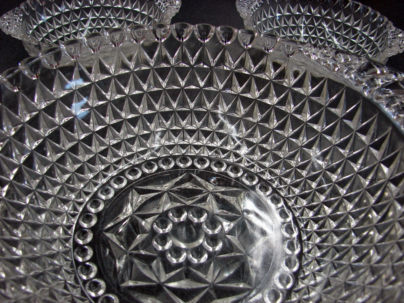7 pc Vintage Indiana Glass Clear Diamond Point Hobnail Salad Serving Set Tab Handles - Image 2