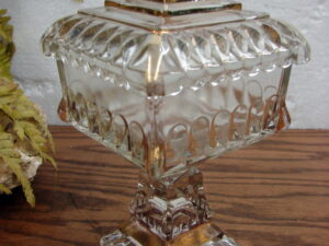 Vintage Jeanette Glass Wedding Brides Box Candy Dish with Lid Square Pedestal Gold Accents
