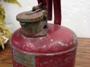 Vintage Justrite Safety Gas Can Pat Applied For Red Painted Metal Tank with Brass Tag