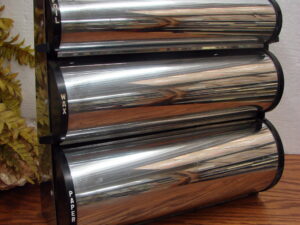 Vintage Retro MCM Kromex Wax Paper Foil Paper Towel Wall Rack Rolling Doors Spring Loaded