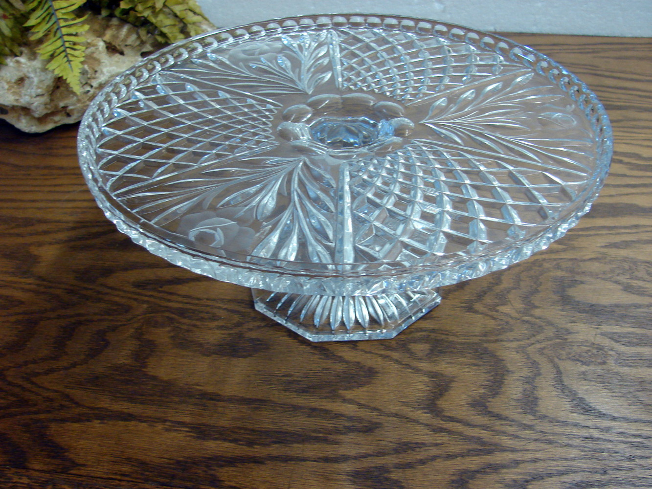 Vintage Lead Crystal Cake Stand Rose Etched Plate Clear Pedestal Display 12”