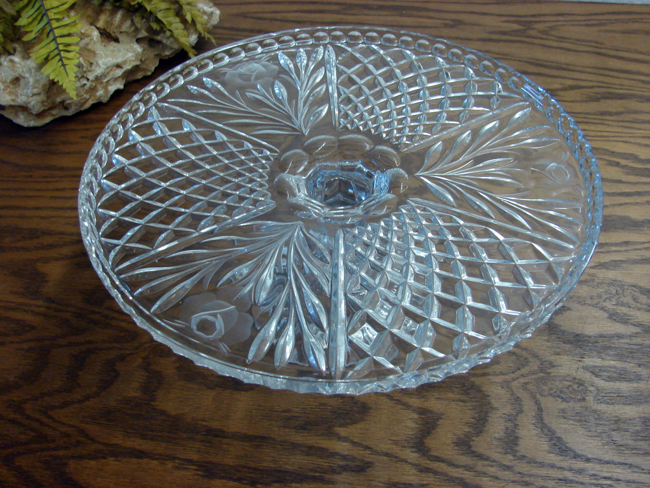 Vintage Lead Crystal Cake Stand Rose Etched Plate Clear Pedestal Display 12” - Image 2