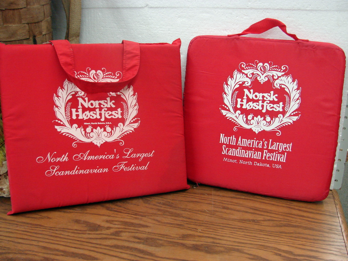 Set/2 Vintage Norwegian Norsk Hostfest Stadium Cushions Advertising Souvenier