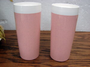Set/2 NFC Pink Flecked Melamine Insulated Ice Tea Glasses White Rim USA