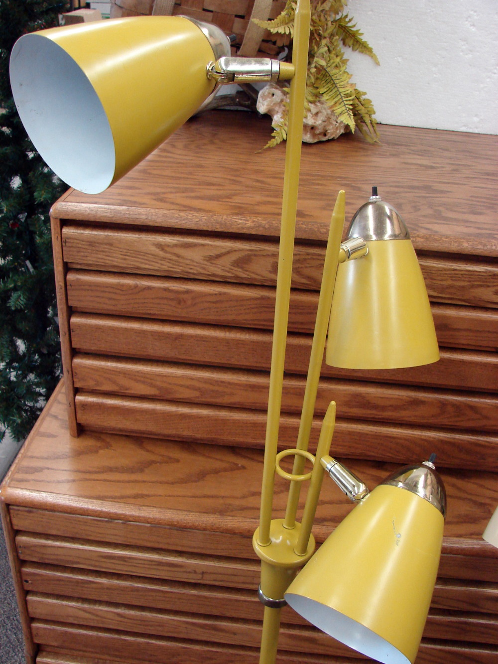Vintage MCM Atomic Cone Triple Industrial Gerald Thurston Style Floor Lamp Yellow
