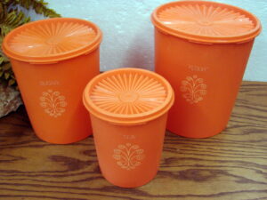 Vintage Tupperware Set/3 Orange Servalier Canister w/ Lids 805 Flour 807 Sugar 811 Tea