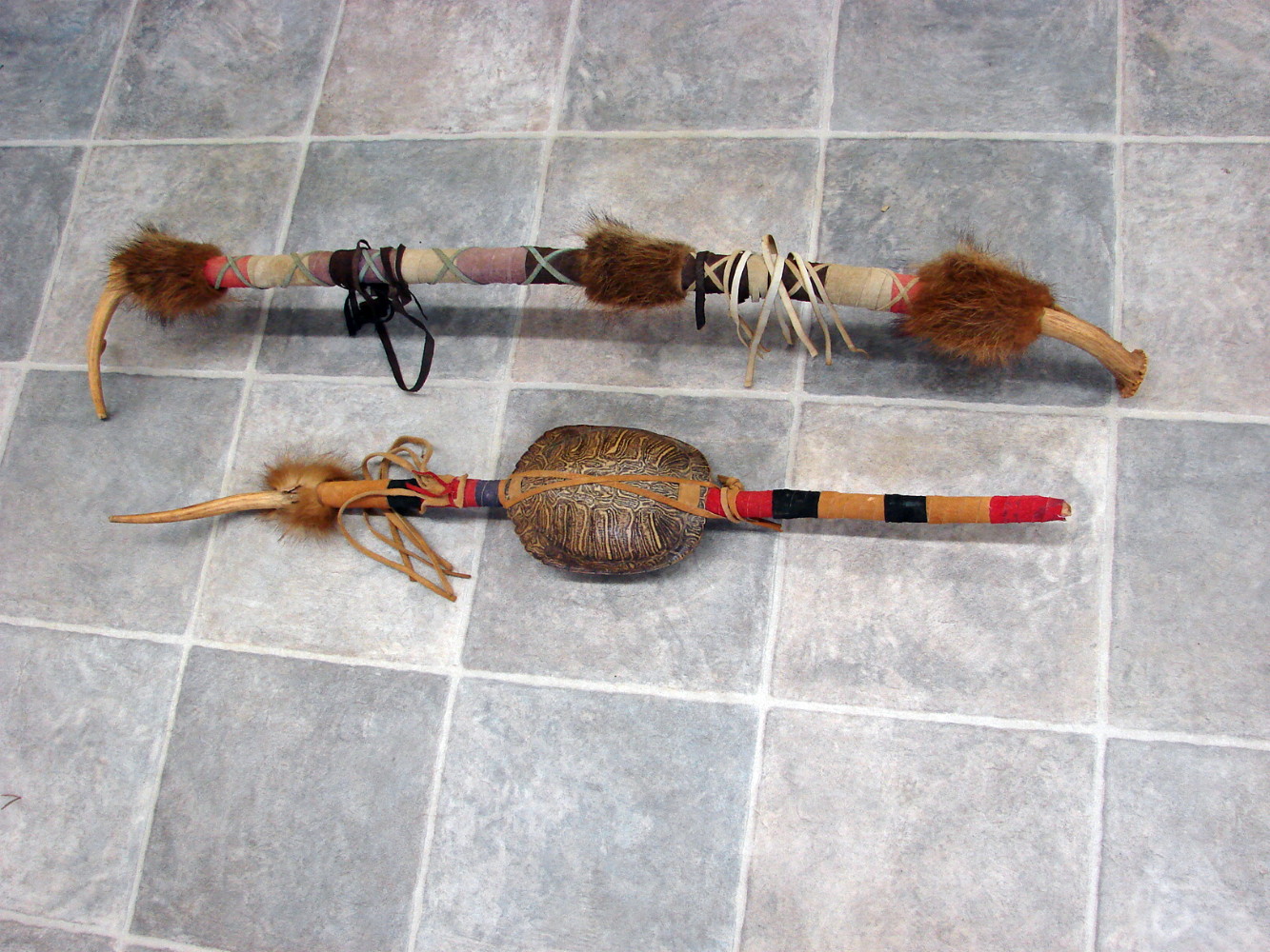 Set/2 OOAK Authentic Ojibwe Native American Indian Spirit Dance Shafts Turtle Deer Antler Rattle - Image 2