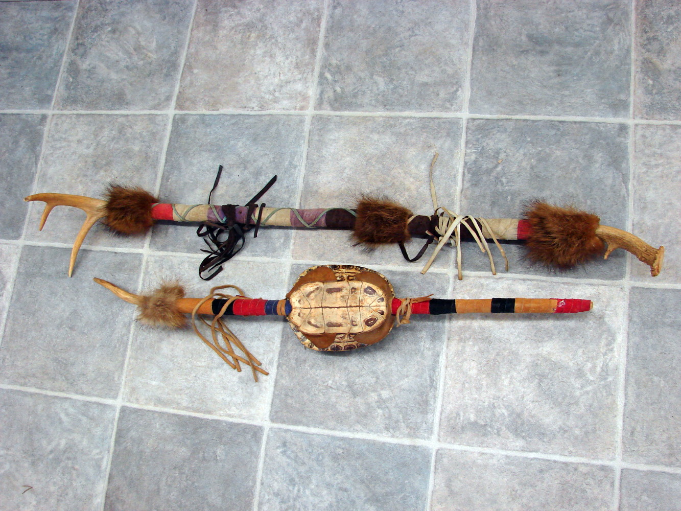 Set/2 OOAK Authentic Ojibwe Native American Indian Spirit Dance Shafts Turtle Deer Antler Rattle - Image 3