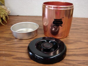 Like New Complete Vintage MCM West Bend Aluminum Copper Tone Grease Canister w/ Screen