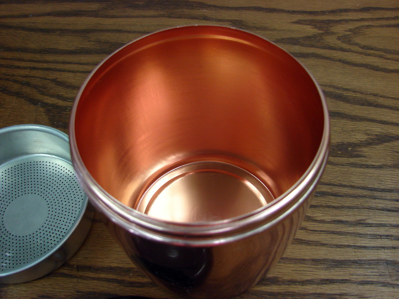 Like New Complete Vintage MCM West Bend Aluminum Copper Tone Grease Canister w/ Screen - Image 2