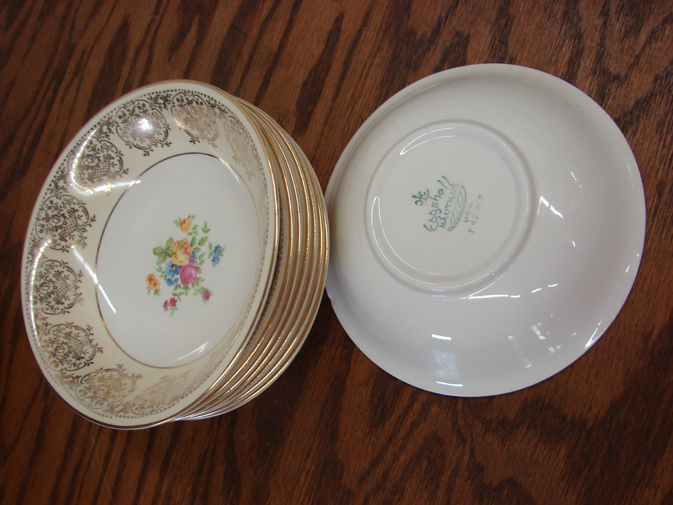 Vintage Homer Laughlin Set/8 Berry Bowls Eggshell Nautilus Gold Filigree Floral N1666