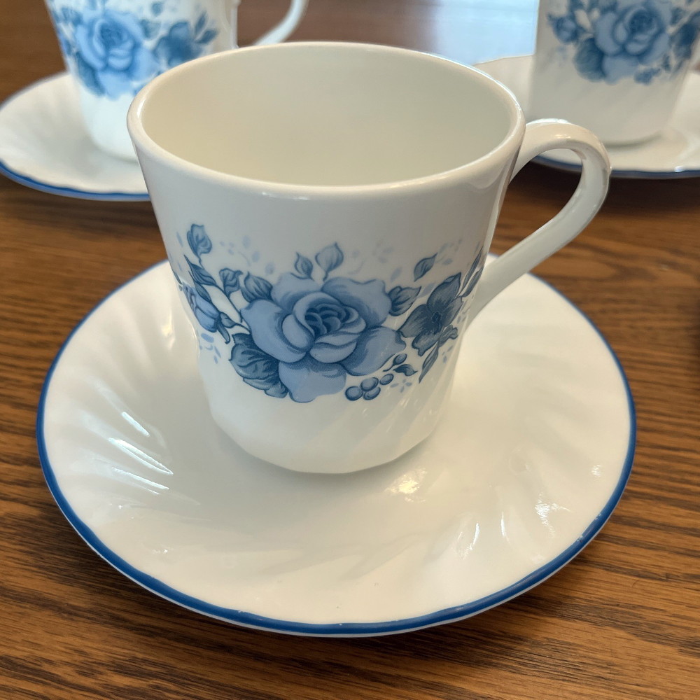 Set/6 Vintage Corelle Blue Velvet Rose Swirl Coffee Cup and Saucer Sets