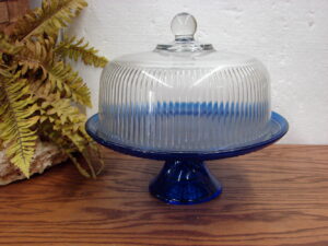 Vintage Anchor Hocking Wexford Cobalt Blue Cake Plate Stand w/ Dome Lid Cover Punch Bowl