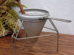 Vintage Aluminum Colander Cone Strainer Chinois Sieve w/ Stand and Wooden Pestle Masher