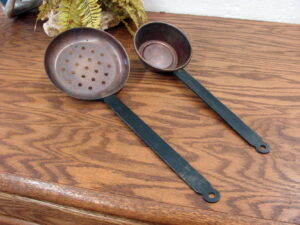 Set/2 Vintage Copper and Wrought Iron Long Handle Ladle Spoon Dipper Strainer Set