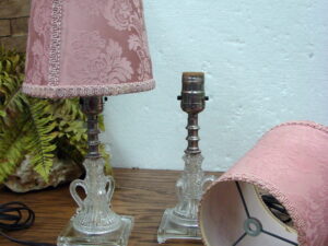 Set/2 Vintage Crystal Hollywood Regency Triple Snake Boudoir Vanity Lamps Square Base w/ Shades
