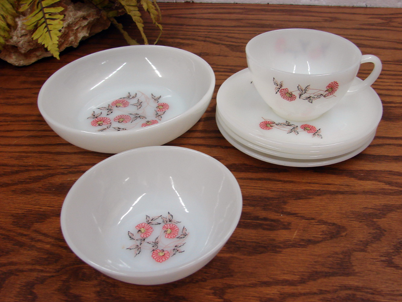 7 pc Set Vintage Fire King Milk Glass Primrose Cup Saucers Berry Coup Soup Bowl