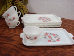 Service for Four Vintage Fire King Milk Glass Primrose Snack Set 8 pc Set