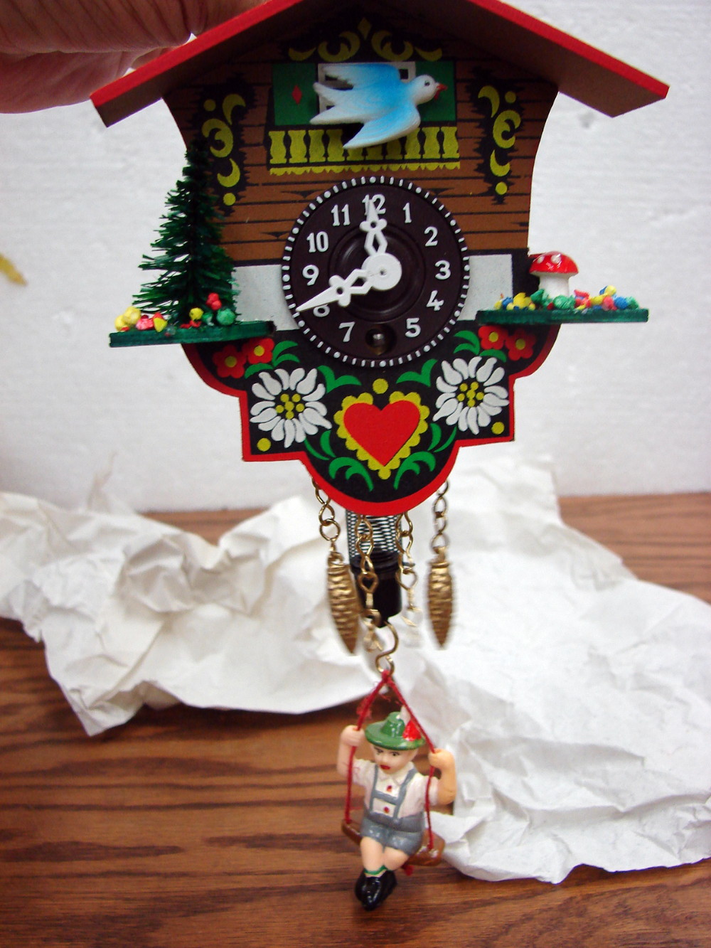 Vintage Miniature German Cuckoo Clock 4" Original Box Boy on Spring Swing Pendulum