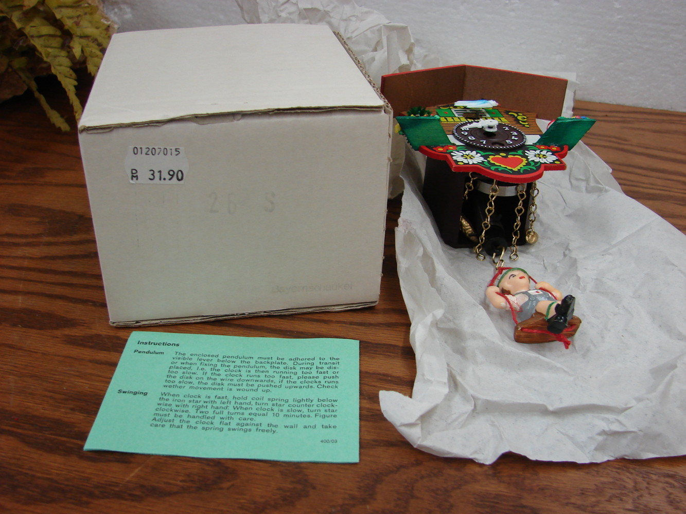 Vintage Miniature German Cuckoo Clock 4" Original Box Boy on Spring Swing Pendulum - Image 3