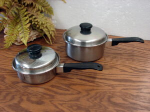 Set/2 Kitchen Craft Stainless Steel Sauce Pan Set 3 Ply 1 and 2 Quart w/ Logo Knob Lids