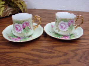 Set/2 Vintage Lefton Heritage Green Pink Roses Cup Saucer Set #5852