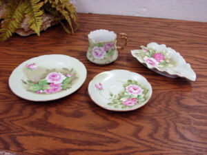 Vintage Lefton Heritage Green Pink Roses Leaf Tray #1860 Plate #5855 Saucer #5680 Cup #5852